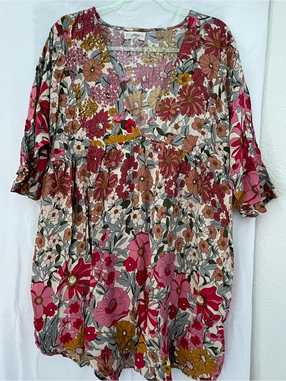 NATURAL LIFE Floral V-Neck DRESS- Pink/Multi